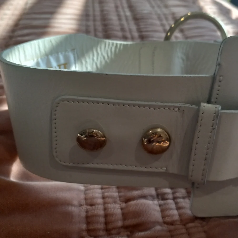 Anthropologie White Belt with Gold Hardware and Red Stitching